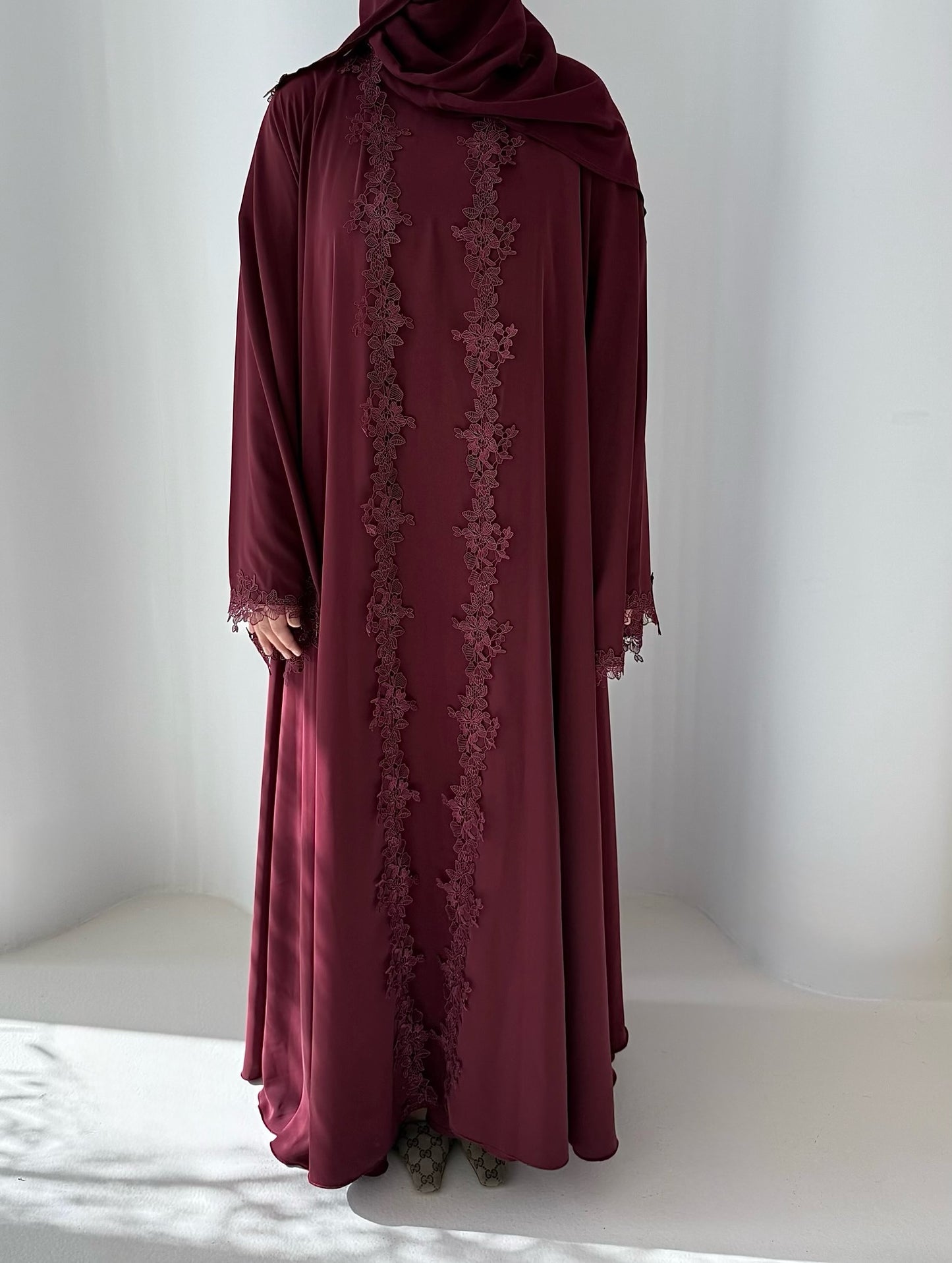 AREEBA MAROON LACE ABAYA