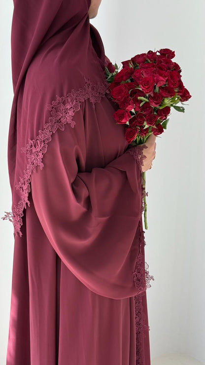 AREEBA MAROON LACE ABAYA