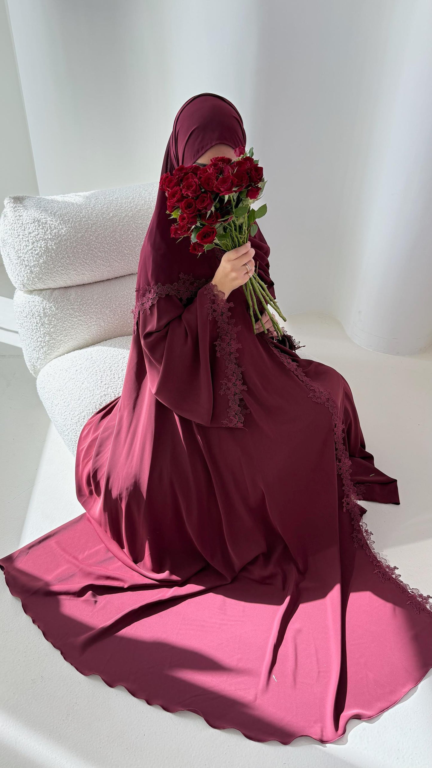 AREEBA MAROON LACE ABAYA