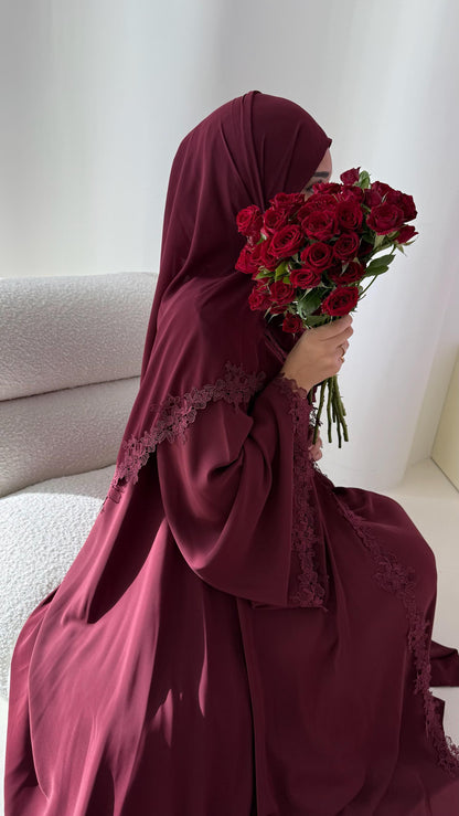 AREEBA MAROON LACE ABAYA