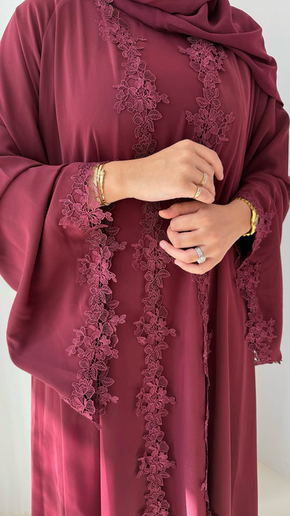 AREEBA MAROON LACE ABAYA