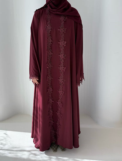 AREEBA MAROON LACE ABAYA